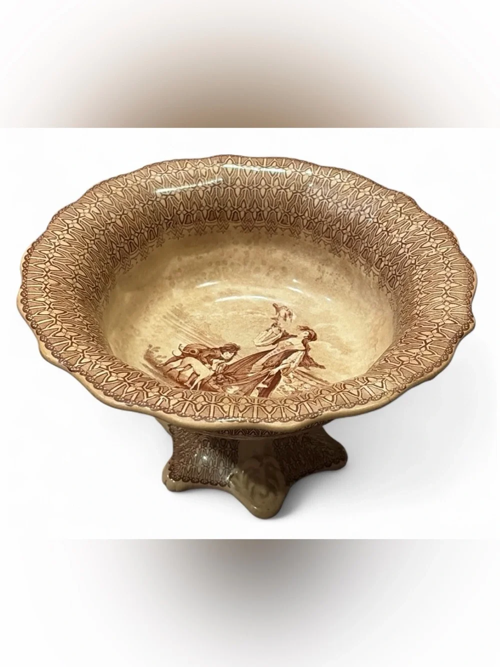 Antique Victorian Romantic Views Transferware Pedestal Bowl Earthenware Compote